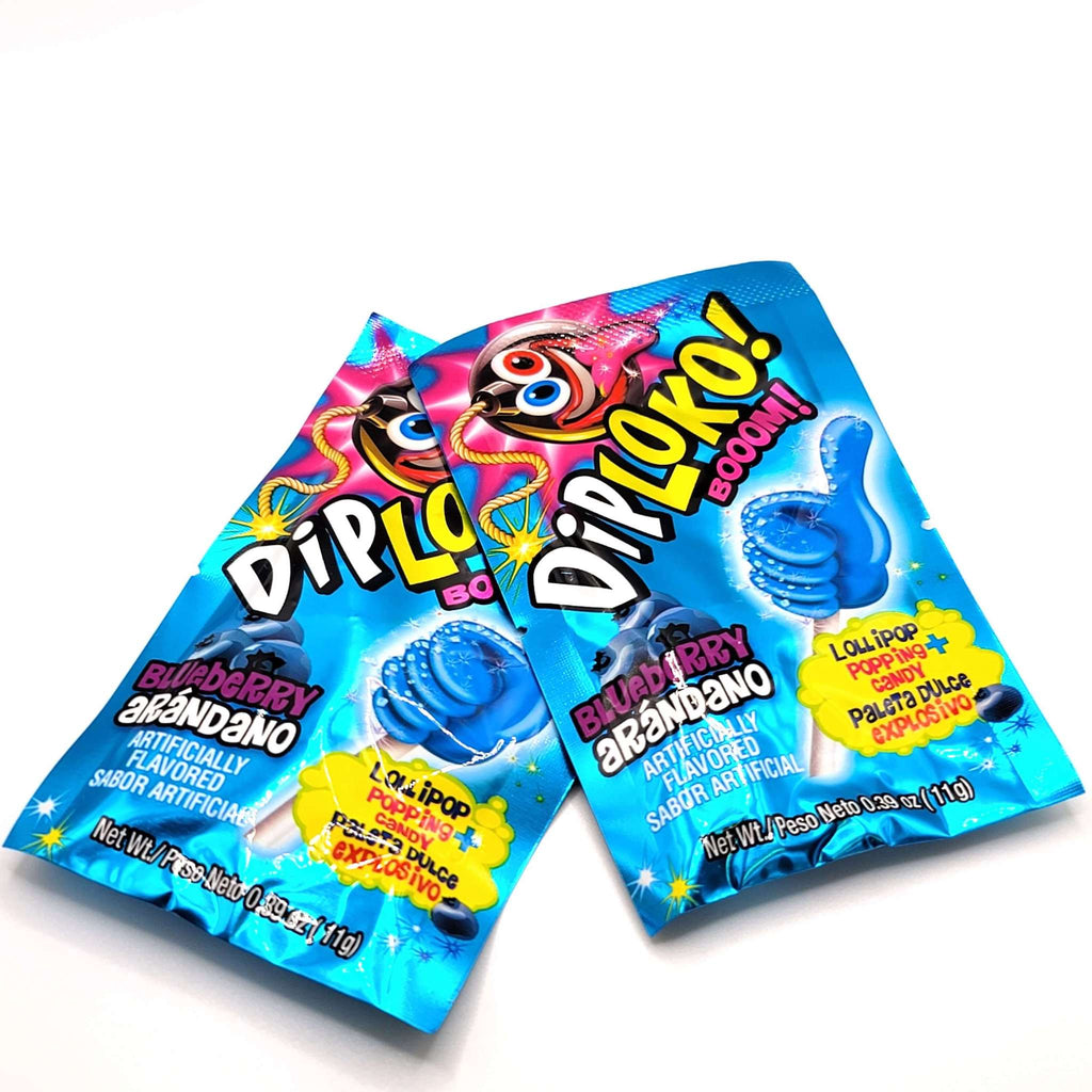 dip loko boom popping candy with blueberry lollipop
